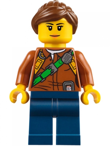 LEGO Minifigure City Jungle Explorer Female - Dark Orange Shirt with Green Strap, Dark Blue Legs, Reddish Brown Ponytail and Swept Sideways Fringe CTY791