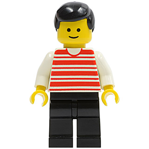 LEGO Minifigur Horizontal Lines Red - White Arms - Black Legs, Black Male Hair HOR012