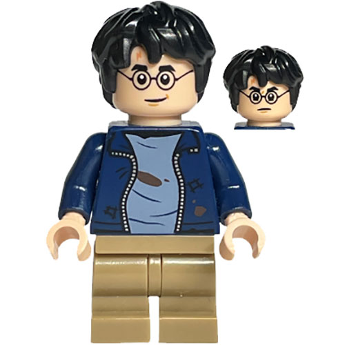 LEGO Minifigur Harry Potter - Dark Blue Open Jacket with Tears and Blood Stains, Dark Tan Medium Legs, Smile / Angry Mouth HP326