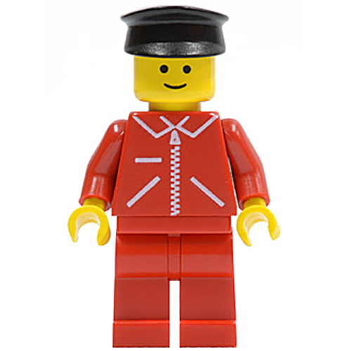 LEGO Minifigur Jacket Red with Zipper - Red Arms - Red Legs, Black Hat JRED005