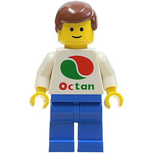 LEGO Minifigur Octan - White Logo, Blue Legs, Reddish Brown Male Hair OCT047