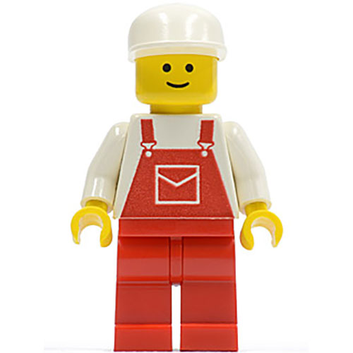 LEGO Minifigur Overalls Red with Pocket, Red Legs, White Cap OVR006