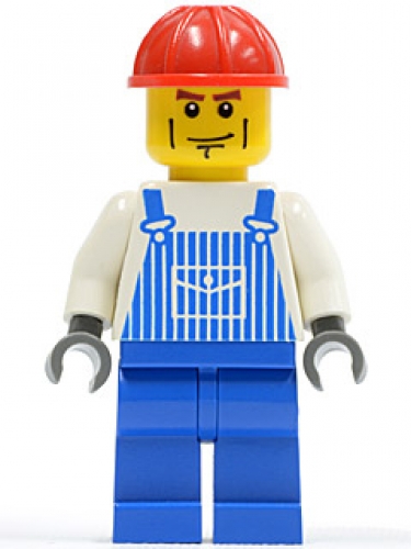 LEGO Minifigura Overalls Striped Blue with Pocket, Blue Legs, Red Construction Helmet, Cheek Lines, Dark Bluish Gray Hands (7990) OVR031