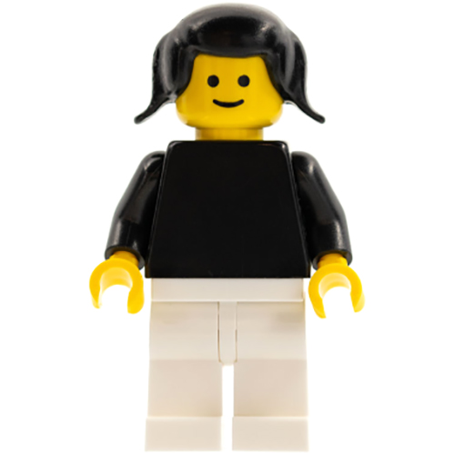 LEGO Minifigura Plain Black Torso with Black Arms, White Legs, Black Pigtails Hair PLN022