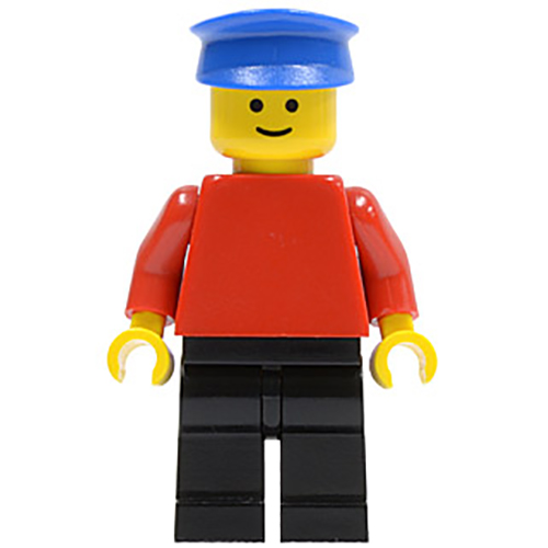 LEGO Minifigur Plain Red Torso with Red Arms, Black Legs, Blue Hat PLN027