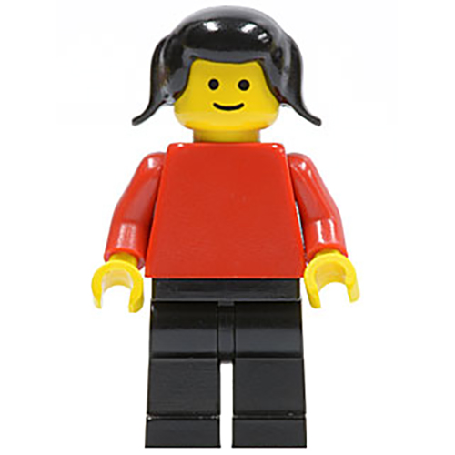 LEGO Minifigura Plain Red Torso with Red Arms, Black Legs, Black Pigtails Hair PLN112