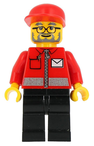 LEGO Minifigure Post Office White Envelope and Stripe, Black Legs, Red Cap, Beard and Glasses POST006