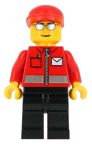 LEGO Minifigur Post Office White Envelope and Stripe, Black Legs, Red Cap, Silver Sunglasses POST007