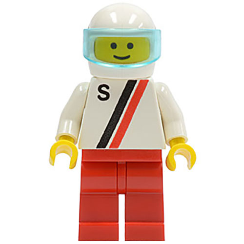 LEGO Minifigur White with Red / Black Stripe, with S Pattern, Red Legs, White Helmet, Trans-Light Blue Visor S001