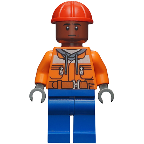 LEGO Minifigura Dock Worker - Male, Orange Safety Jacket, Reflective Stripe, Sand Blue Hoodie, Blue Legs, Red Construction Helmet, Reddish Brown Head SH0547