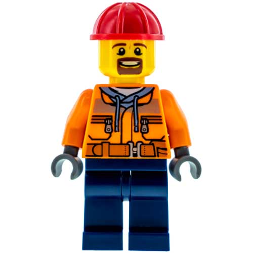 LEGO Minifigura Forklift Driver - Chest Pocket Zippers, Belt over Dark Gray Hoodie, Dark Blue Legs, Red Construction Helmet, Brown Beard TRN242