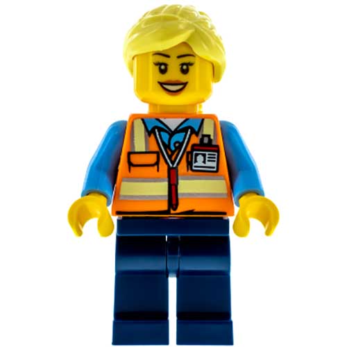 LEGO Minifigura Train Worker - Female, Orange Safety Vest with Badge, Dark Blue Legs, Bright Light Yellow Ponytail and Swept Sideways Fringe TRN245