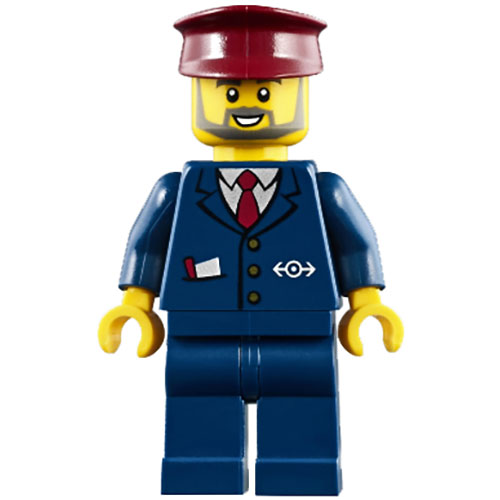 LEGO Minifigur Dark Blue Suit with Train Logo, Dark Blue Legs, Dark Red Hat, Gray Beard TRN248