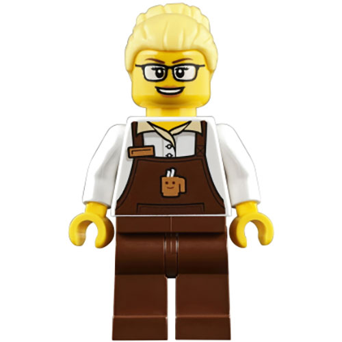 LEGO Minifigur Female with Reddish Brown Apron with Cup and Name Tag Pattern, Bright Light Yellow Hair Female Large High Bun, Glasses TRN249