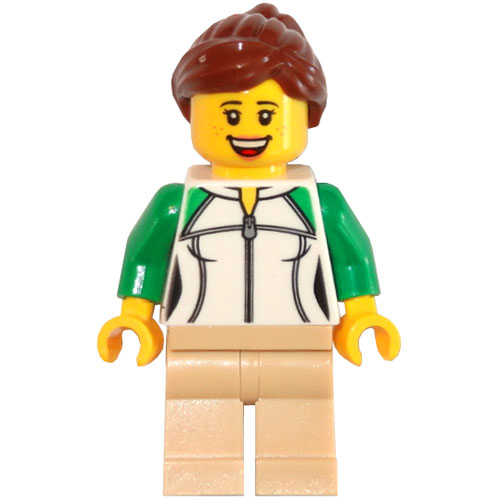 LEGO Minifigura Female Outline Sweatshirt with Zipper, Tan Legs, Reddish Brown Hair Female Ponytail and Swept Sideways Fringe TRN250