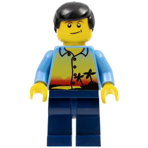 LEGO Minifigure Sunset and Palm Trees, Dark Blue Legs, Black Male Hair, Crooked Smile TWN107