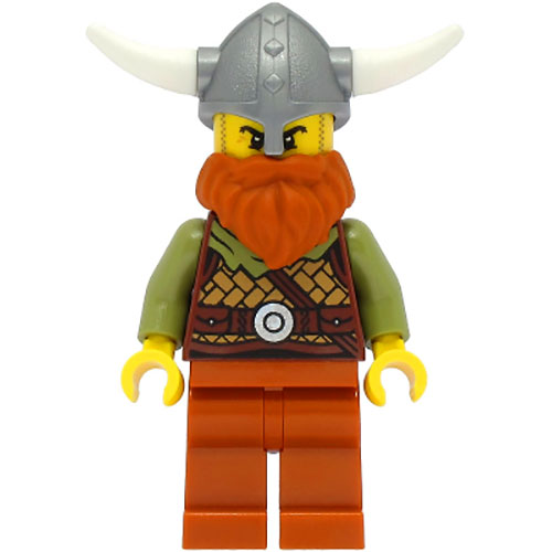 LEGO Minifigur Viking Warrior - Male, Medium Nougat Leather Armor, Dark Orange Beard and Legs, Flat Silver Helmet VIK038