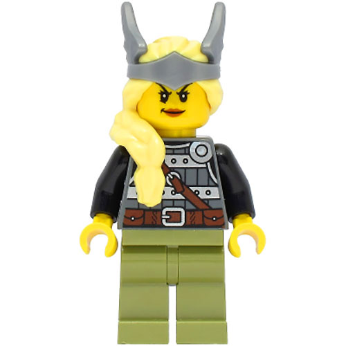 LEGO Minifigur Viking Warrior - Female, Dark Bluish Gray and Silver Armor, Olive Green Legs, Bright Light Yellow Hair with Diadem VIK039