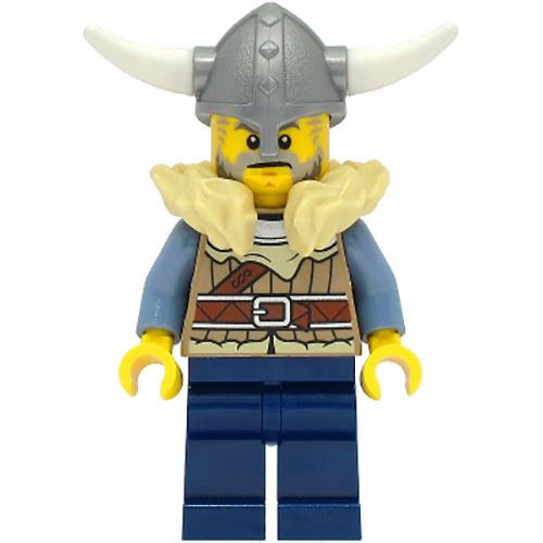 LEGO Minifigur Viking Warrior - Male, Dark Tan Jacket with Tan Fur, Dark Blue Legs, Flat Silver Helmet VIK040