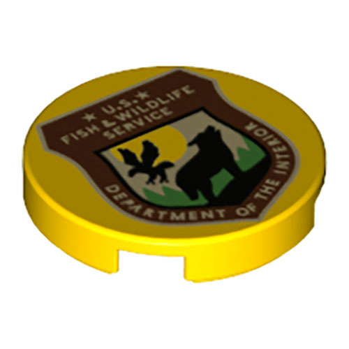 LEGO Tile, Round 2 x 2 with Bottom Stud Holder with Reddish Brown Shield, Black Wolf, Bird, `U.S. FISH & WILDLIFE SERVICE DEPARTMENT OF THE INTERIOR` Pattern 14769PB535