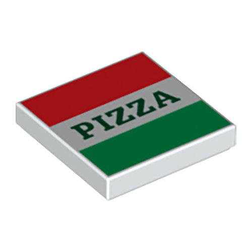 LEGO Tile 2 x 2 with Groove with Red and Green Stripes and Dark Green `PIZZA` Pattern (Pizza Box) 3068BPB1045