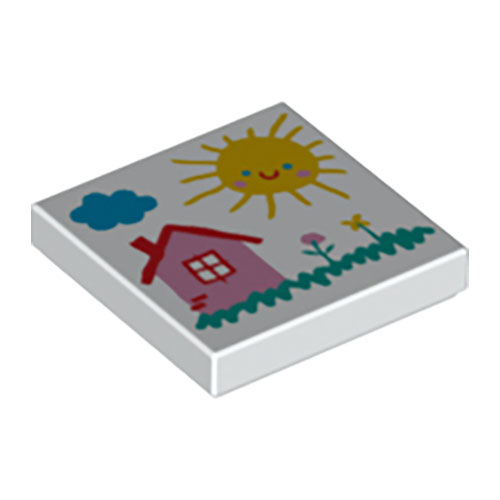 LEGO Tile 2 x 2 with Groove with Drawing of Cloud, Sun, House, and Flowers Pattern 3068BPB1882