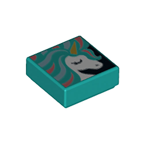 LEGO Tile 1 x 1 with Groove with White Unicorn Head, Gold Horn, and Metallic Light Blue and Coral Mane Pattern 3070PB135