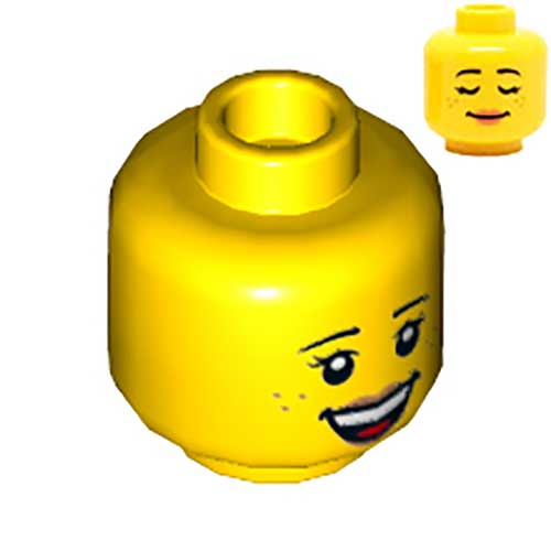 LEGO Minifig, Head Dual Sided Female Black Eyebrows, Freckles, Eyelashes, Peach Lips, Open Smile with Teeth / Sleeping Pattern - Stud Recessed 3626CPB1352