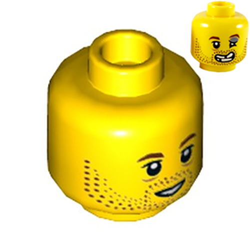 LEGO Minifigure, Head Dual Sided, Reddish Brown Eyebrows and Stubble, Smile / Injured Left Eye and Broken Teeth Pattern - Hollow Stud 3626CPB2470