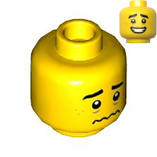 LEGO Minifigure, Head Dual Sided, Black Eyebrows, Medium Nougat Freckles, Open Mouth Smile / Scared Worried Pattern - Hollow Stud 3626CPB2974