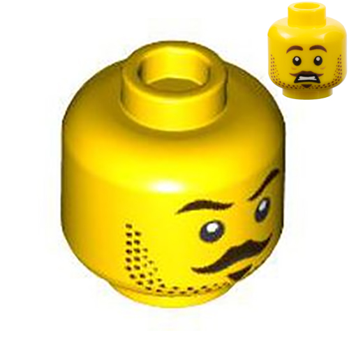 LEGO Minifigure, Head Dual Sided Male Dark Brown Eyebrows, Moustache, Soul Patch, and Beard Stubble, Worried Open Mouth with Teeth / Stern Pattern - Hollow Stud 3626CPB3214