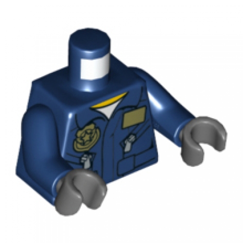 LEGO Torso Police Flight Suit Jacket with Name Tag and Badge, Zippered Pockets Pattern / Dark Blue Arms / Dark Bluish Gray Hands 973PB0989C01