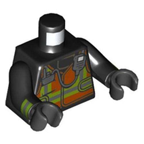 LEGO Torso Orange Vest with Silver and Lime Stripes and Silver Radio Pattern / Black Arms with Reflective Stripes Pattern / Dark Bluish Gray Hands 973PB3662C01