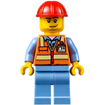 LEGO Minifigure Orange Safety Vest with Reflective Stripes, Medium Blue Legs, Red Construction Helmet, Smirk and Stubble Beard AIR050