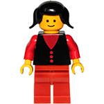 LEGO Minifigur Shirt with 3 Buttons - Red, Red Arms, Red Legs, Black Pigtails Hair BUT004