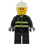 LEGO Minifigura Fire - Reflective Stripes, Black Legs, White Fire Helmet, Cheek Lines, Dark Bluish Gray Hands CTY0020