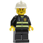 LEGO Minifigur Fire - Reflective Stripes, Black Legs, White Fire Helmet, Cheek Lines, Yellow Hands CTY0043