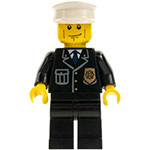 LEGO Minifigura Police - City Suit with Blue Tie and Badge, Black Legs, Vertical Cheek Lines, Brown Eyebrows, White Hat CTY0095