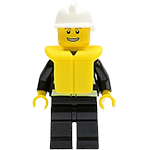 LEGO Minifigure Fire - Reflective Stripes, Black Legs, White Fire Helmet, Thin Grin with Teeth, Life Jacket CTY0116B