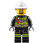 LEGO Minifigura Fire - Reflective Stripes with Utility Belt and Flashlight, White Fire Helmet, Brown Moustache and Goatee CTY0635