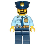 LEGO Minifigura Police - City Shirt with Dark Blue Tie and Gold Badge, Dark Tan Belt with Radio, Dark Blue Legs, Police Hat with Gold Badge, Head Beard Black Angular CTY0708