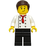 LEGO Minifigure Burger Chef - White Torso with 8 Buttons, No Wrinkles Front or Back, Black Legs, Dark Brown Hair CTY0964A