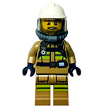 LEGO Minifigur Fire - Reflective Stripes, Dark Tan Suit, White Fire Helmet, Open Mouth with Beard, Breathing Neck Gear with Blue Airtanks CTY1359