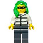 LEGO Minifigura Police - Jail Prisoner 50382 Prison Stripes, Female, Dark Bluish Gray Legs, Frown with Black Mask, Green Hair CTY1364