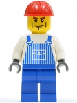 LEGO Minifigur Overalls Striped Blue with Pocket, Blue Legs, Red Construction Helmet, Cheek Lines, Dark Bluish Gray Hands (7990) OVR031