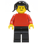 LEGO Minifigure Plain Red Torso with Red Arms, Black Legs, Black Pigtails Hair PLN112