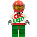 LEGO Minifigur Race Car Driver, White Octan Race Suit with Silver Zipper, Red Helmet with Trans-Brown Visor, Crooked Smile, Stubble Beard RAC059