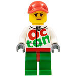 LEGO Minifigur Race Car Female Mechanic, White Octan Race Suit with Silver Zipper, Red Cap with Hole, Peach Lips RAC060