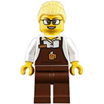 LEGO Minifigura Female with Reddish Brown Apron with Cup and Name Tag Pattern, Bright Light Yellow Hair Female Large High Bun, Glasses TRN249