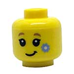 LEGO Minifigure, Head Female with Dark Tan Eyebrows, Black Eyes and Eyelashes, Lopsided Grin, Bright Light Blue Flower on Cheek Pattern - Hollow Stud 3626CPB1817